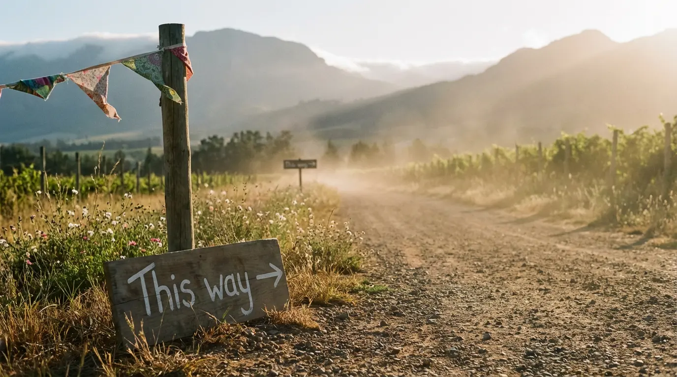Hand-painted 'This Way' sign on a dusty path through Cape Town winelands at dawn