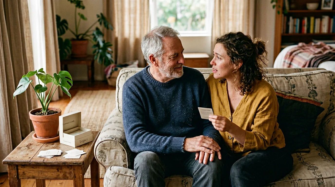 A father and his adult daughter sitting close on a couch, holding a Connect Cards: Legacy card, mid-conversation in a warm sunlit home