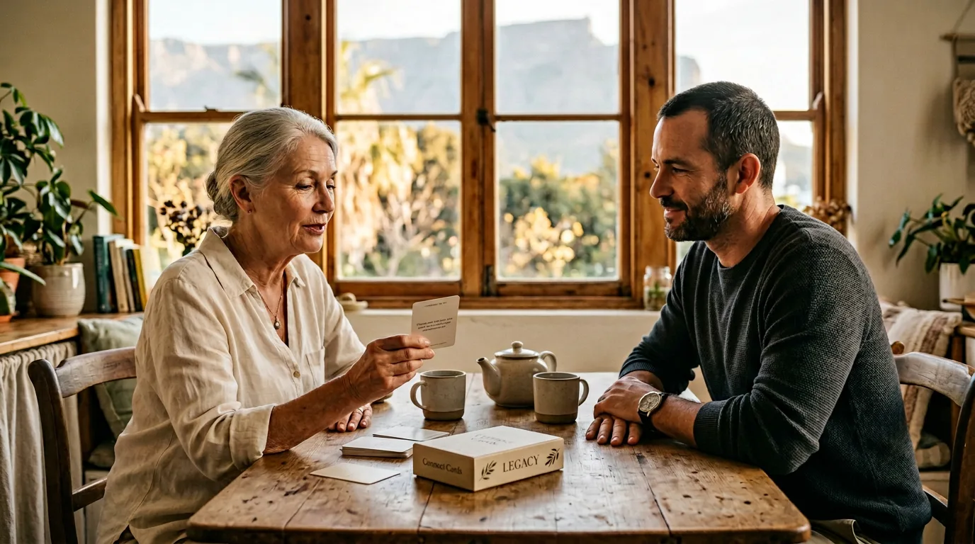 A mother and her adult son at a wooden kitchen table in a sunlit Cape Town home, Table Mountain visible through the window, the mother reading aloud from a Connect Cards: Legacy card while her son listens intently over tea