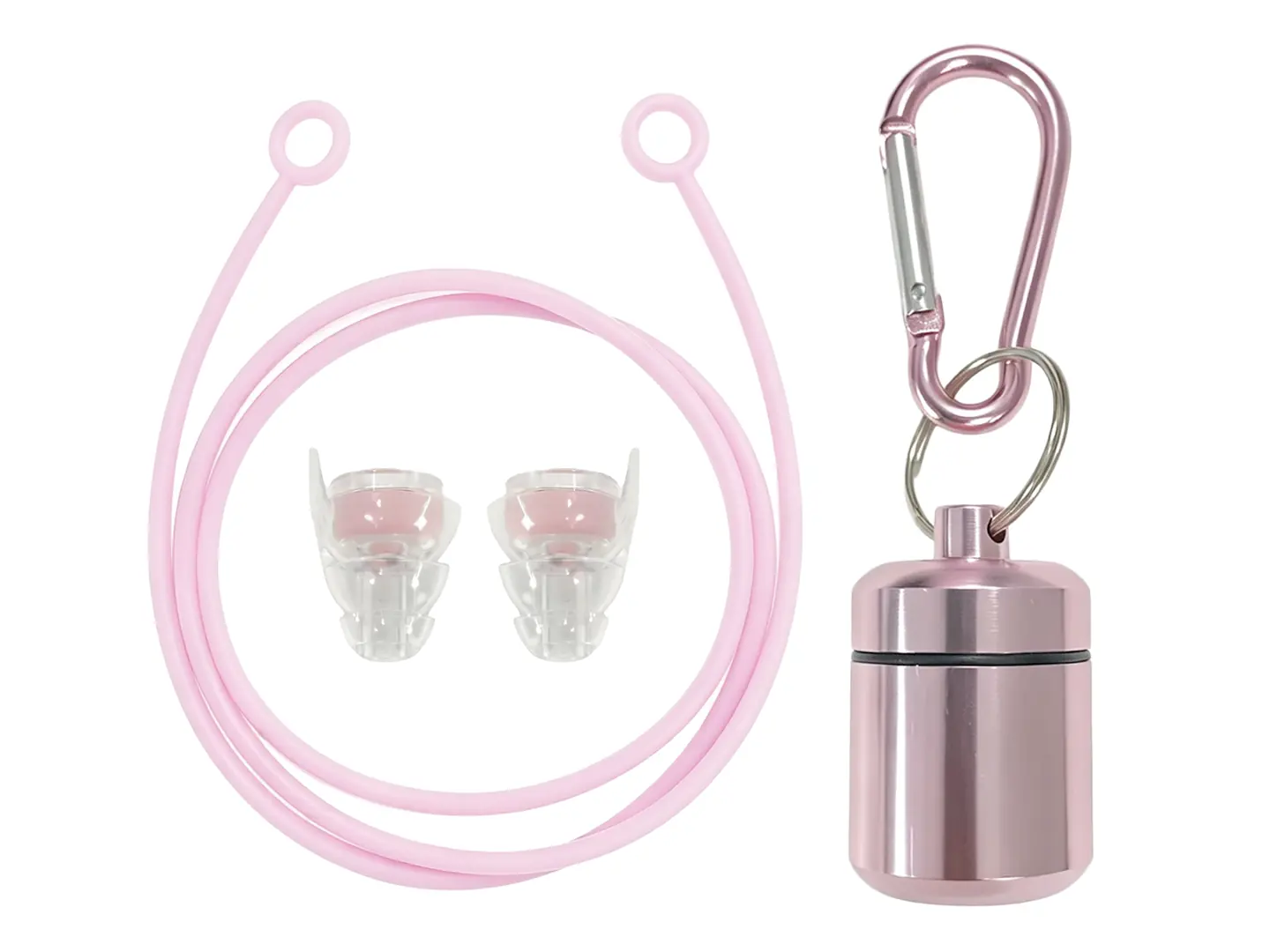 Pink Ear Candy set with two earplugs, cord, case and clip