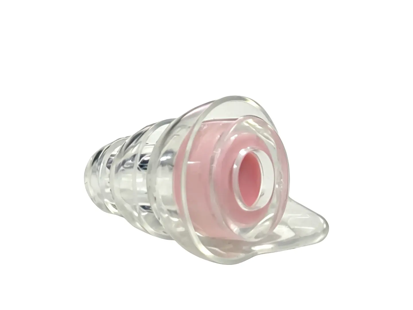 Close-up of a clear Ear Candy earplug with pink centre