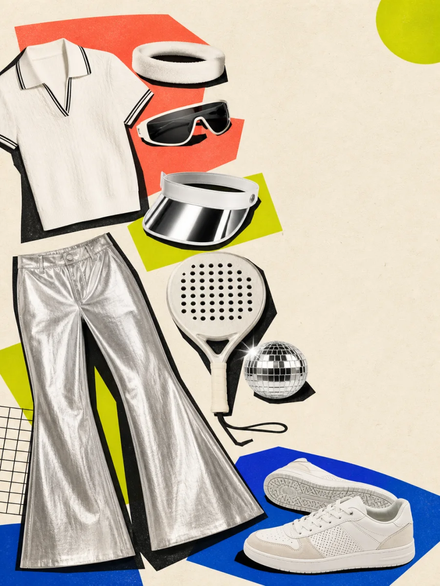 Studio 54 Sports Club dress code featuring retro whites, metallic flares, sunglasses and non-marking sneakers