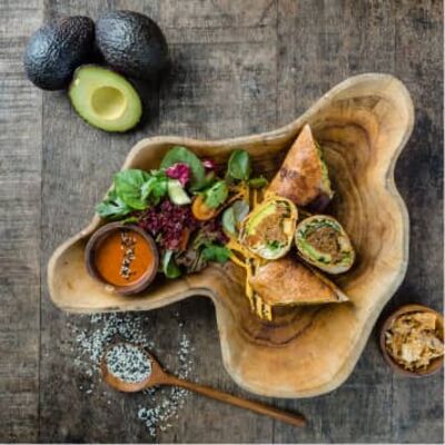 Avocado Buddha bowl with samosa